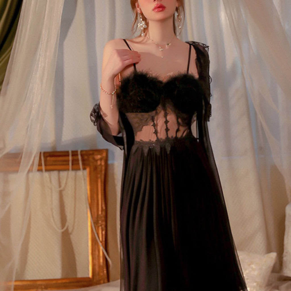 2-piece Black Feather Bustier Dress Dark Fairy Nightgown Set