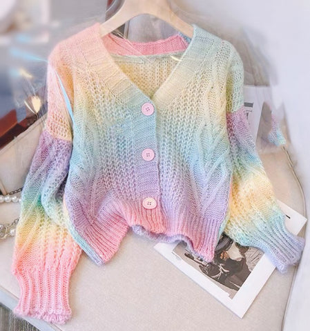 Pastel Rainbow Cropped Sweater Cardigan