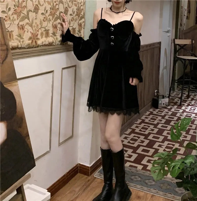 Witchy Goth Black Lace Velvet Dress Goth Fashion Romantic Goth